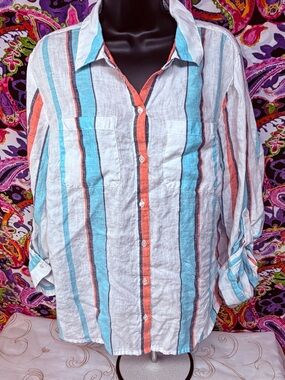 Charter Club White Button-Down Shirt with Blue and Orange Stripes